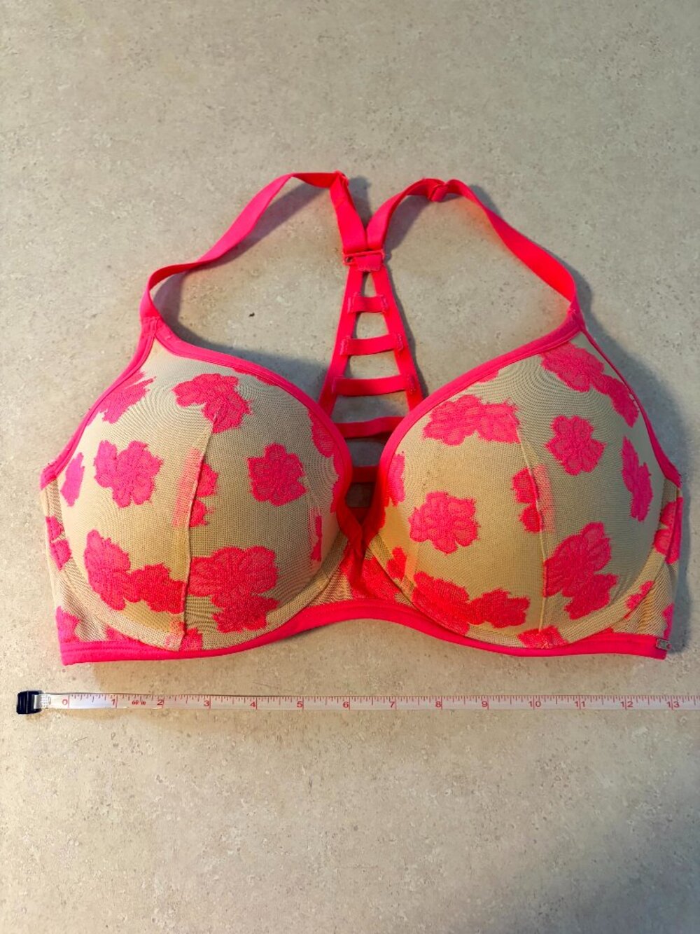 Pink Victoria's Secret Lightly Lined Bra 36DD Lace Racerback Nude Hot Pink